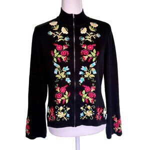Cambridge Dry Goods Women's Black Zip Up Embroidered Sweater Cardigan Size Small